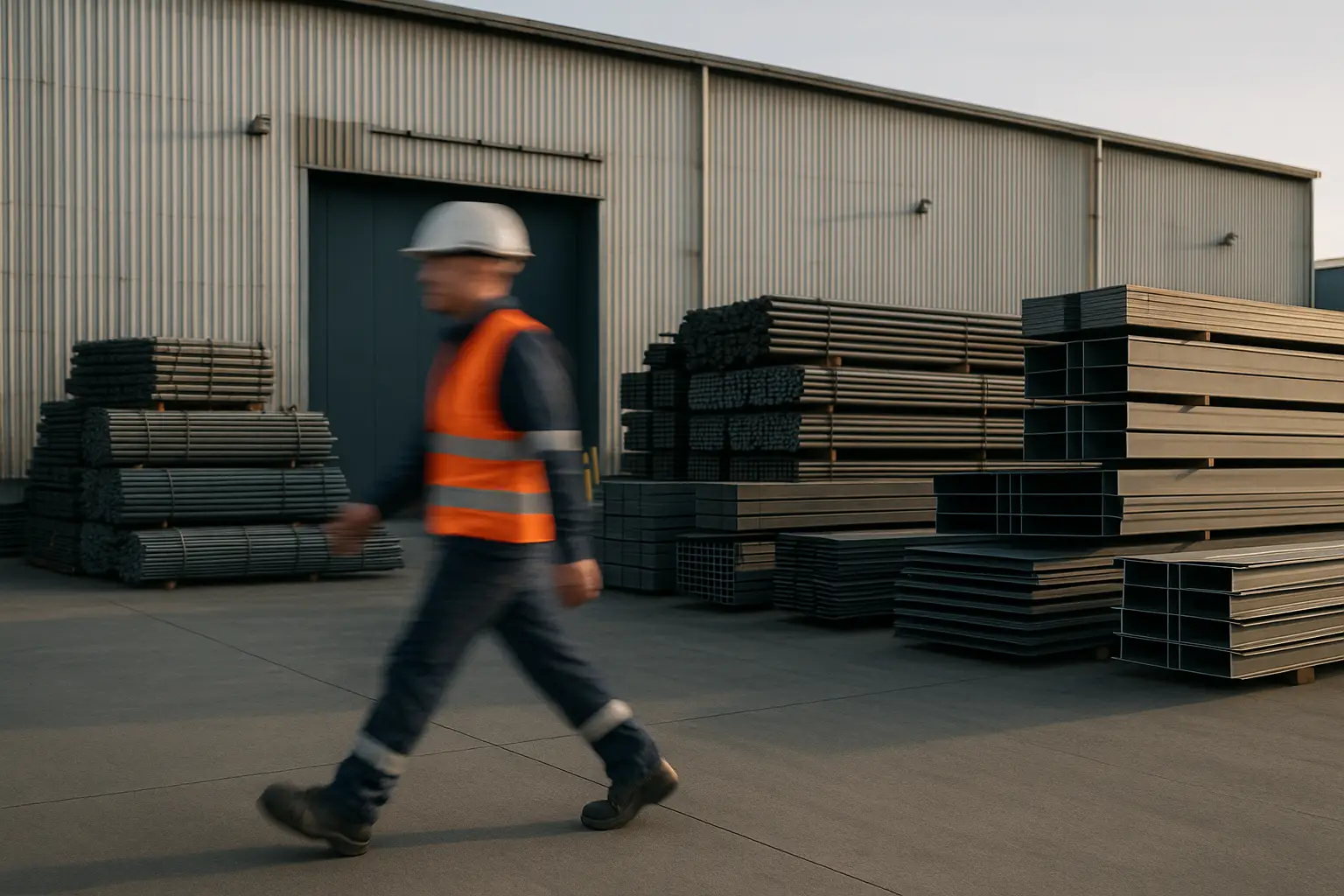 Operario caminando en planta de acero
